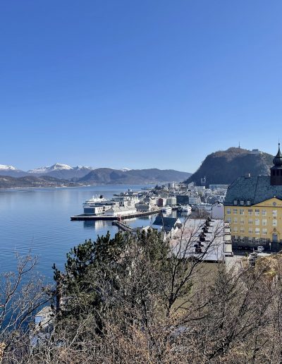 View over Ålesund harbour with the town, surrounding hills, and mountains in the distance.