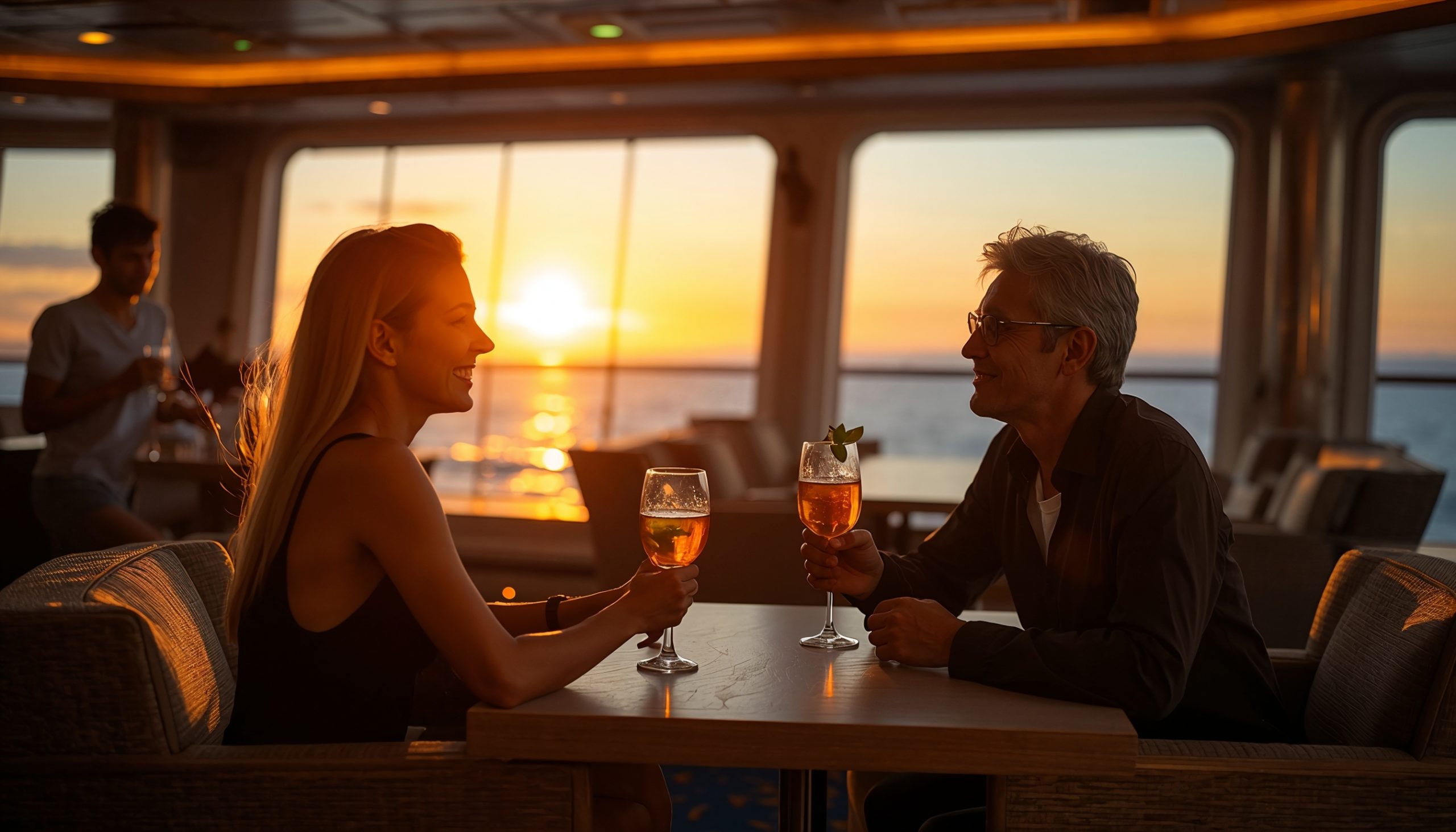 Lounge Couple on Cruise Couple enjoying drinks in a relaxed cruise ship lounge at sunset